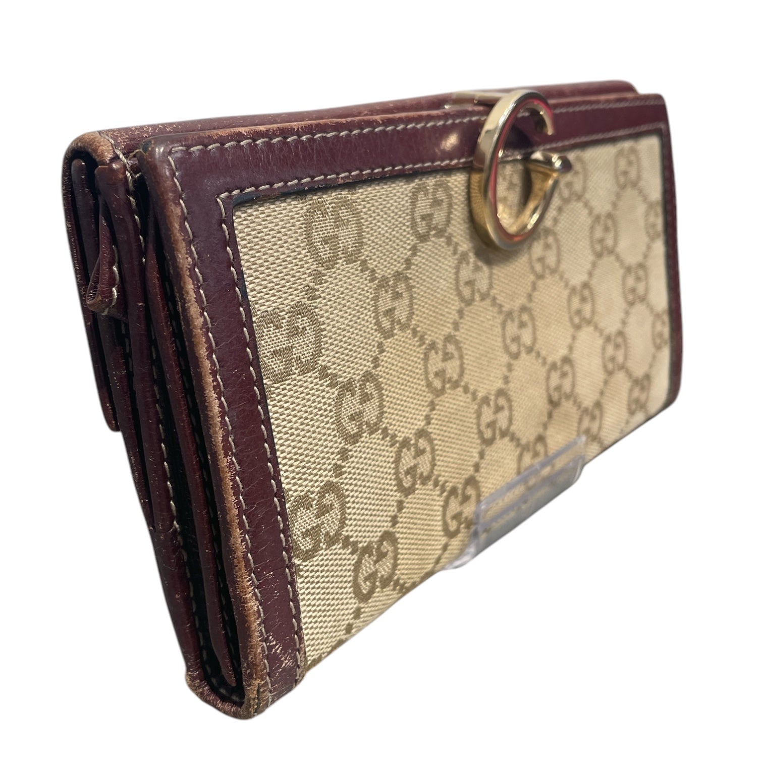 GUCCI/Bifold Wallet/Monogram/Cotton/BEG/L's/G Clip, Brown Leather Trim view 6