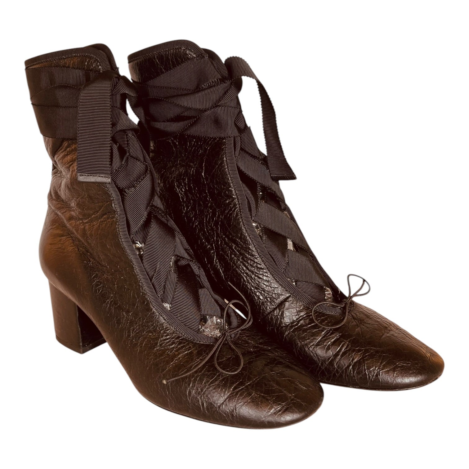 VALENTINO GARAVANI/Lace Up Boots/EU 37.5/Leather/BLK/CRINKLED LEATHER BALLET HEELS view 1