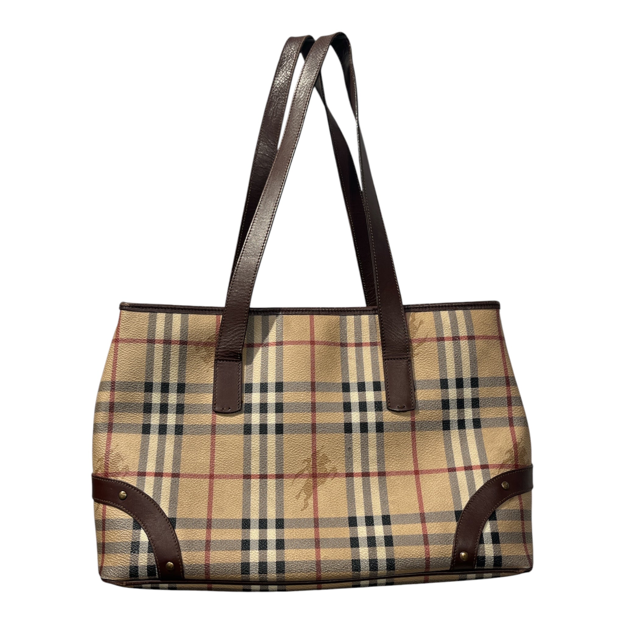 BURBERRY LONDON/Tote Bag/Plaid/Leather/BEG/STUD TRIM PLAID TOTE view 1