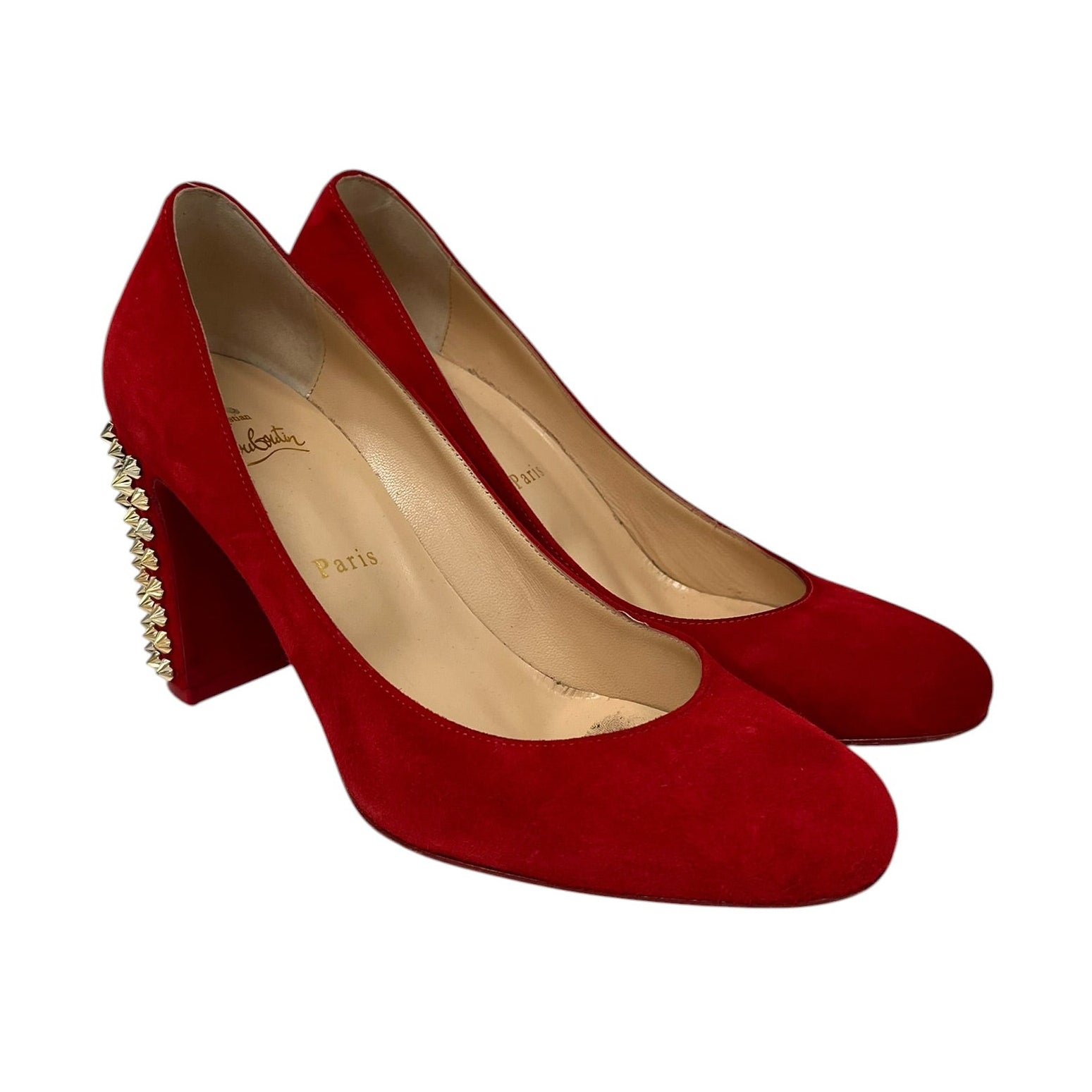 Christian Louboutin/Heels/EU 38/Suede/RED/Chunky Heel/GOLD STUD CHUCKY HEEL view 1
