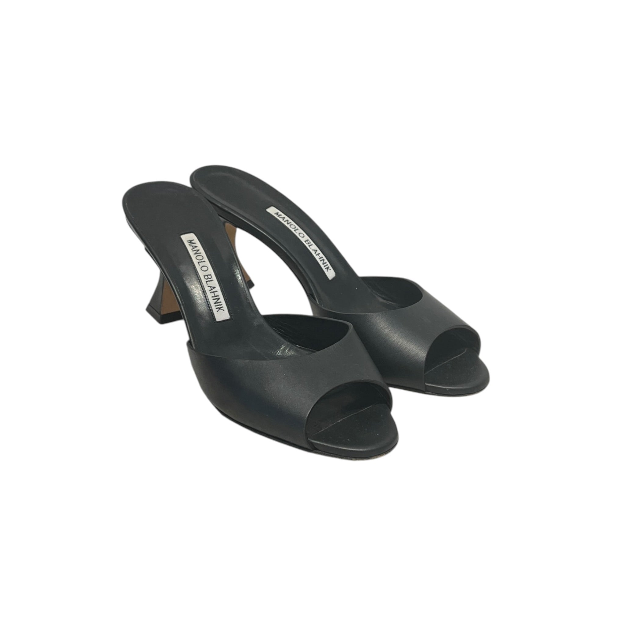 MANOLO BLAHNIK/Heels/US 6.5/Leather/BLK/OPEN TOE MULES/FLARED HEEL view 1