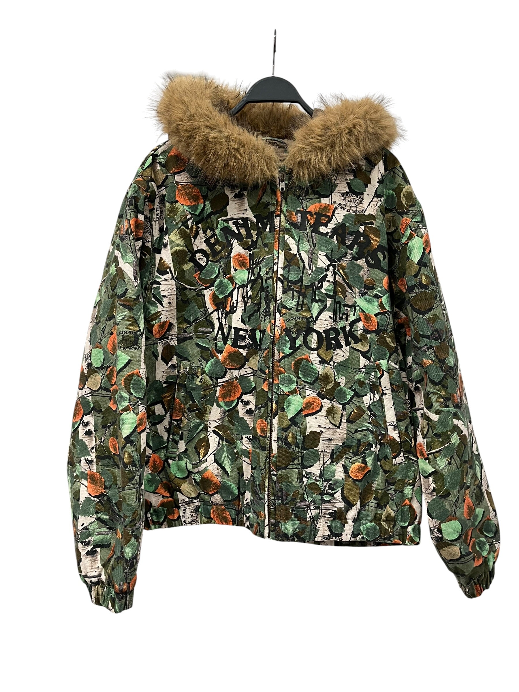 DENIM TEARS/Jacket/XL/Cotton/GRN/Camouflage/BLACK NEW YORK LOGO W FUR HOOD view 1