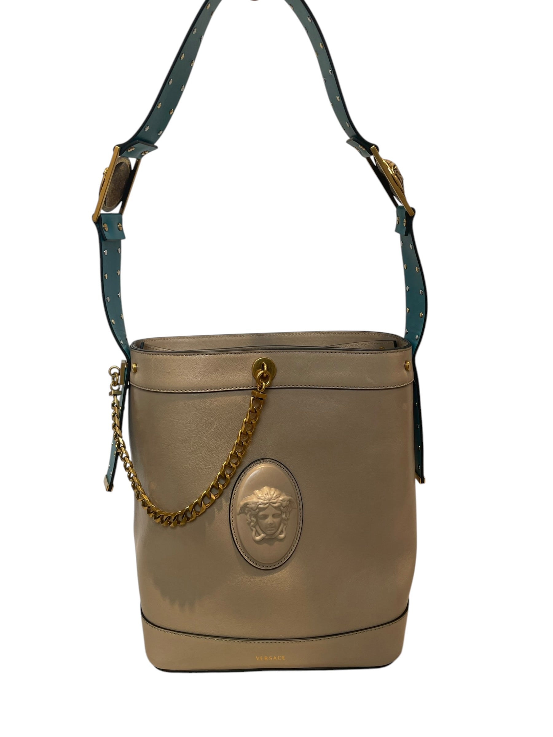 VERSACE/Basket Bag/Leather/BEG/pivot bucket bag/ blue strap view 1