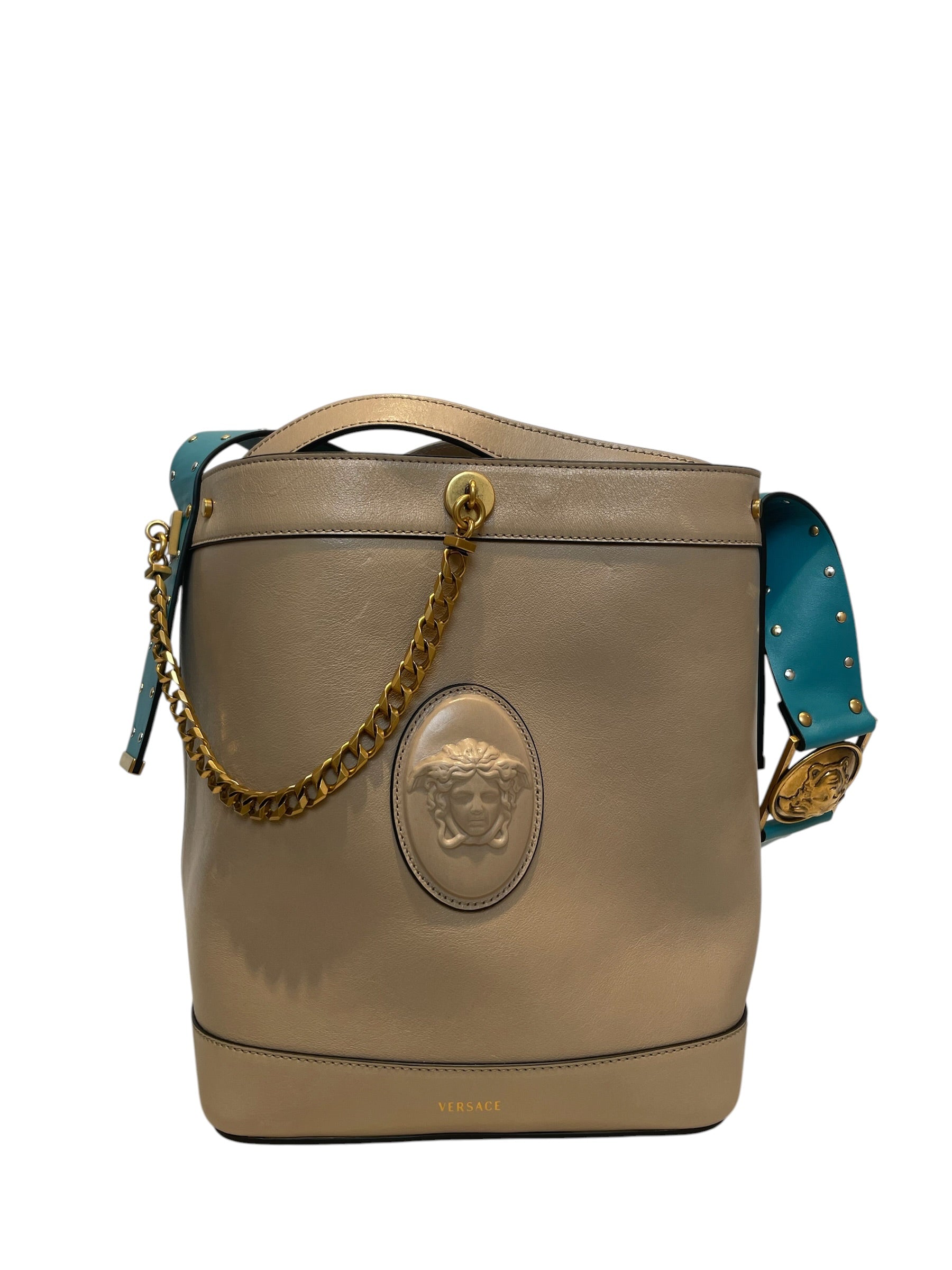 VERSACE/Basket Bag/Leather/BEG/pivot bucket bag/ blue strap view 3