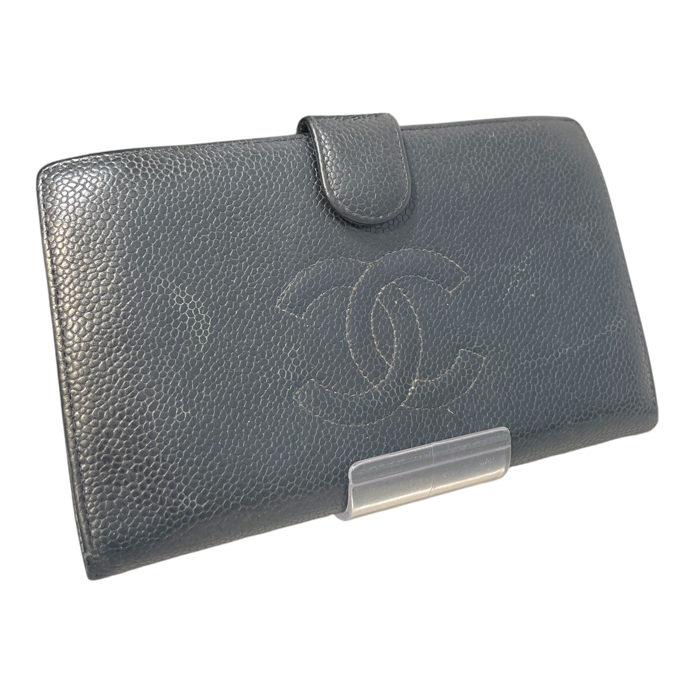CHANEL/Bifold Wallet/Stripe/Leather/BLK/Caviar Bifold view 1