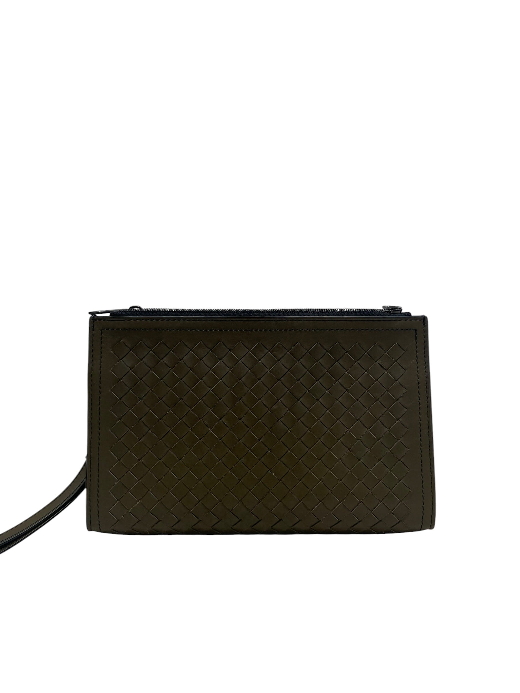 BOTTEGA VENETA/Clutch Bag/Leather/GRN/braided/blk zipper view 1