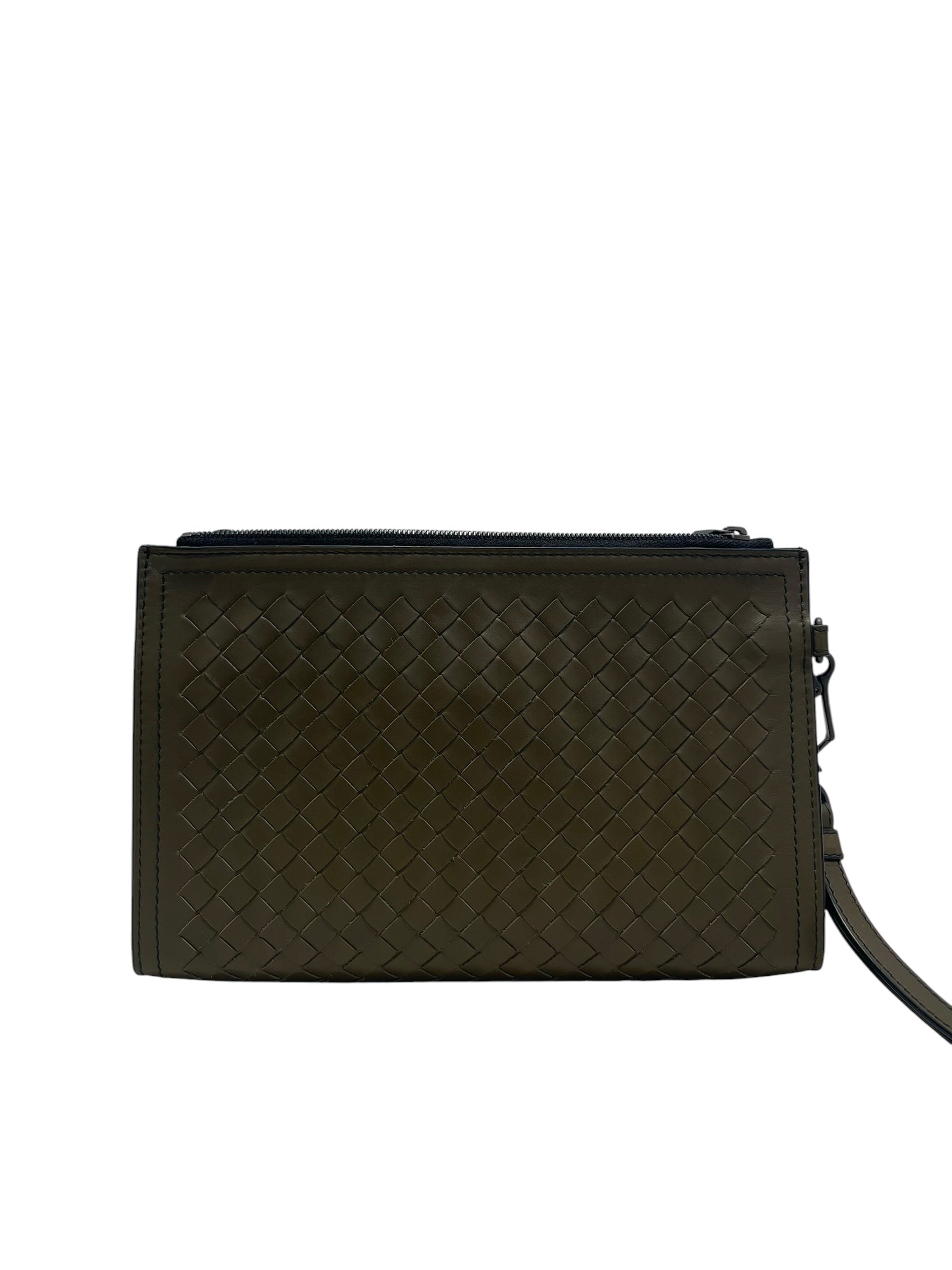 BOTTEGA VENETA/Clutch Bag/Leather/GRN/braided/blk zipper view 2