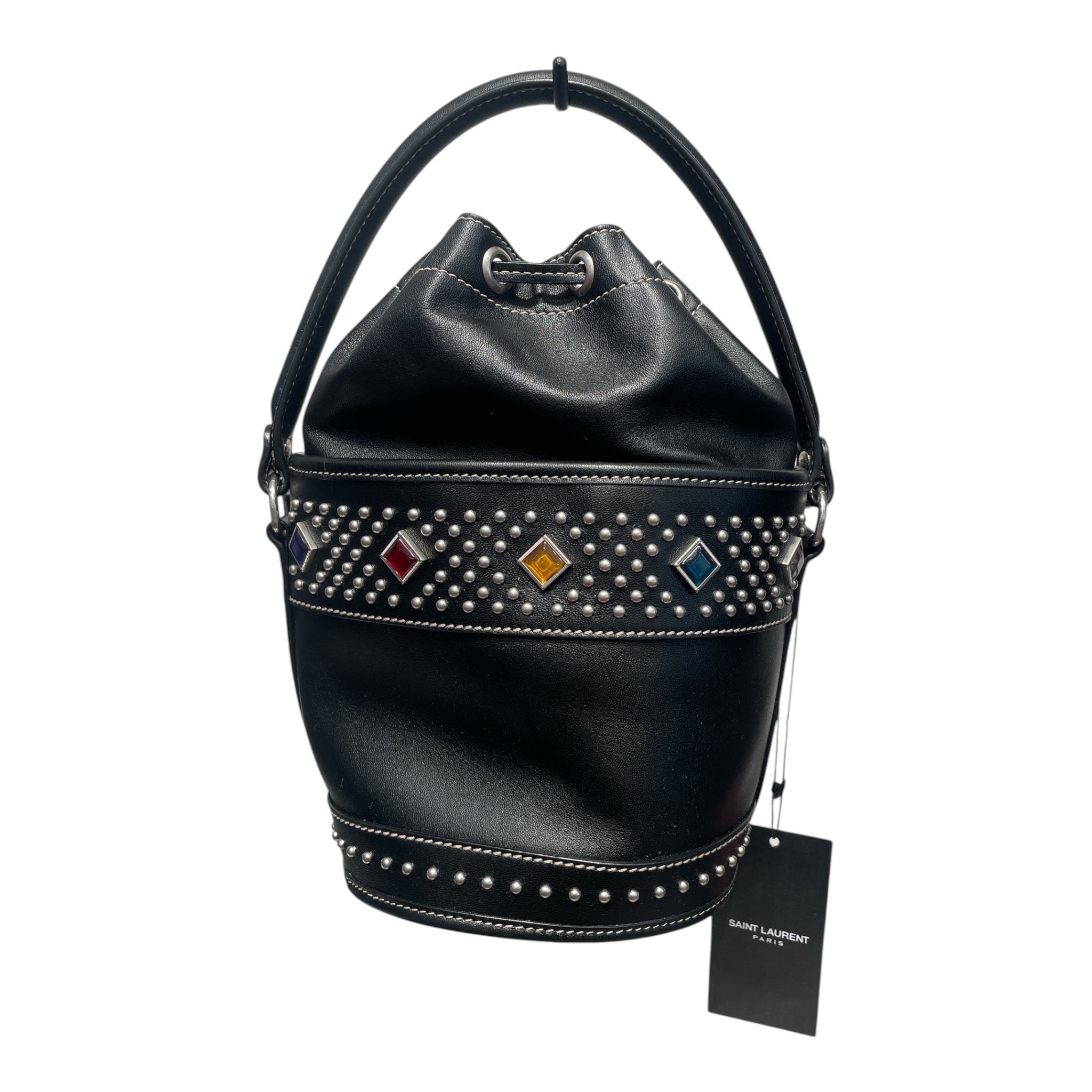 SAINT LAURENT/Cross Body Bag/All Over Print/Leather/BLK/Studded Gem YSL Bucket Bag view 2