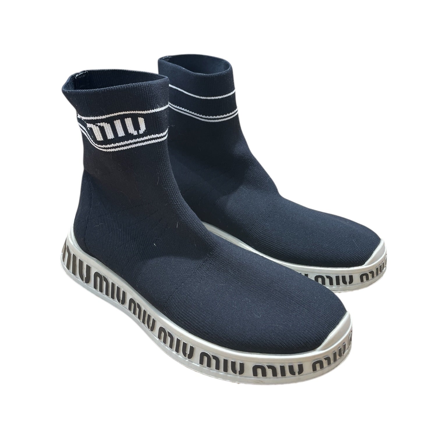 MIU MIU/Hi-Sneakers/US 5/Cotton/BLK/Logo Knit Sock Sneakers
