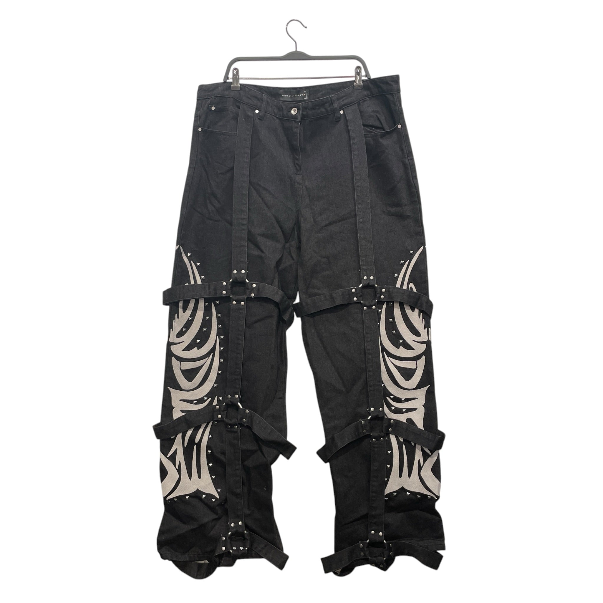 WHO DECIDES WAR/Straight Pants/36/Denim/BLK/Graphic/EMBROIDERED FRNT BONDAGE STRAP view 1