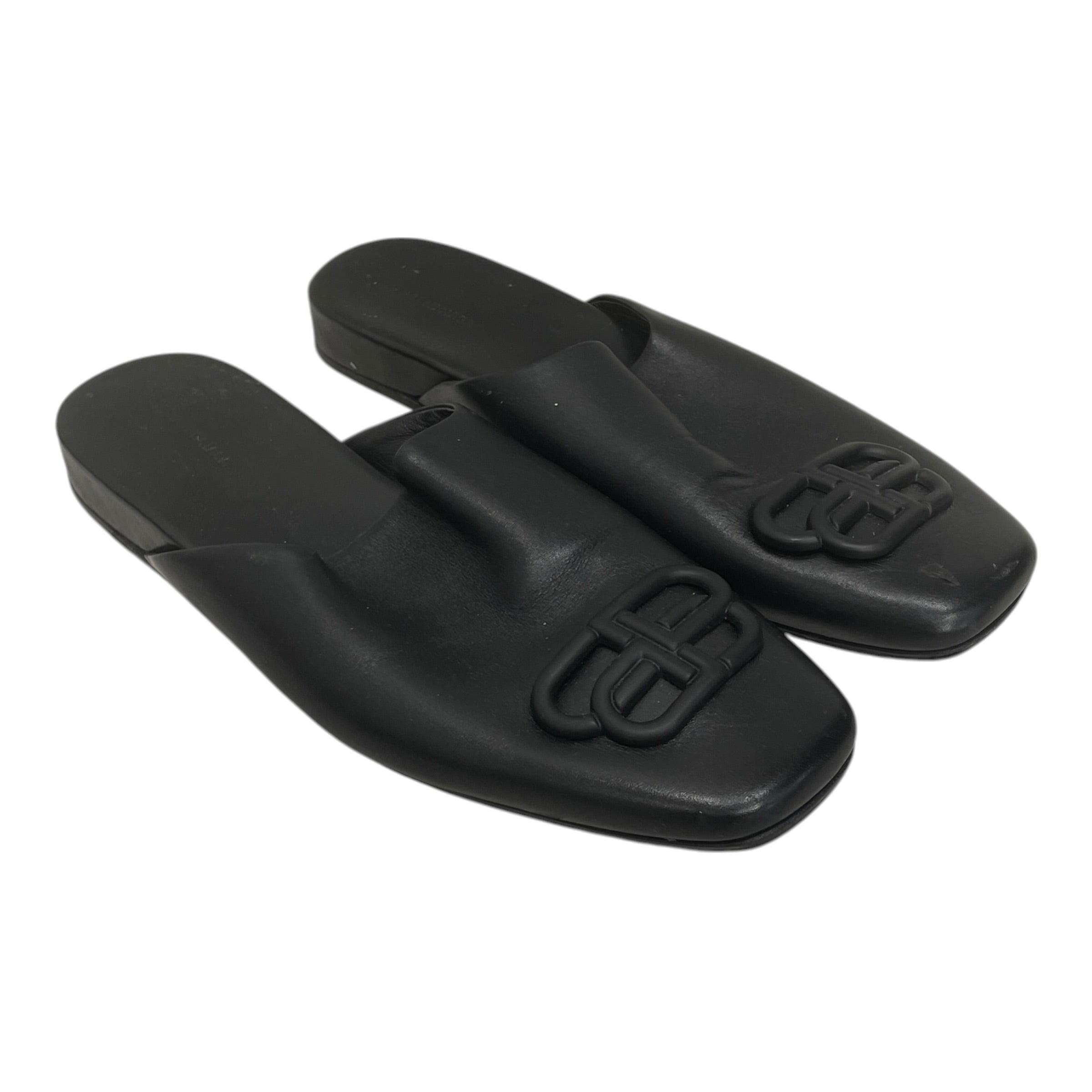 BALENCIAGA/Flat Shoes/EU 37.5/Leather/BLK/BB SLIDE ON LEATHER LOGO view 1