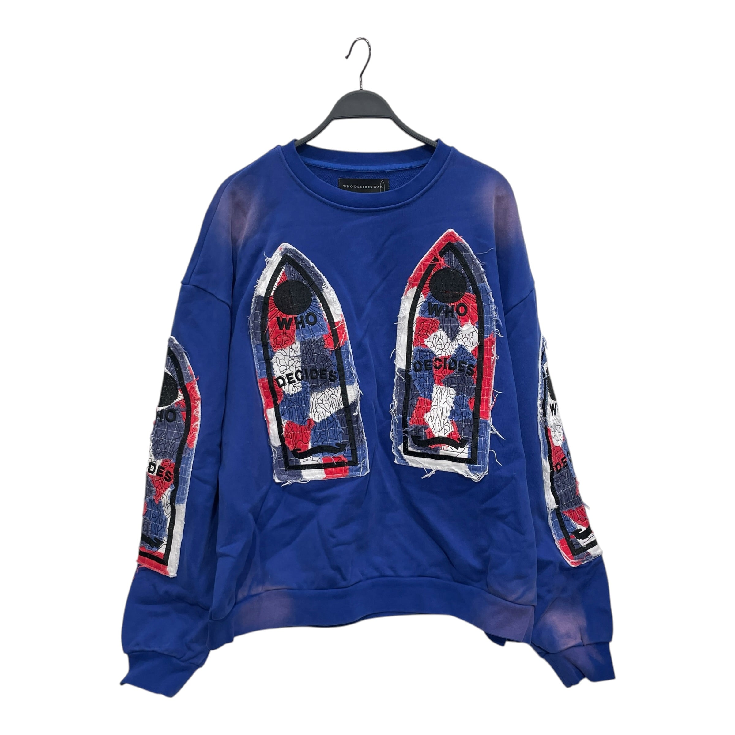 WHO DECIDES WAR/Sweatshirt/XL/All Over Print/Cotton/BLU/CREWNECK WINDOW LOGO PATCHES view 1