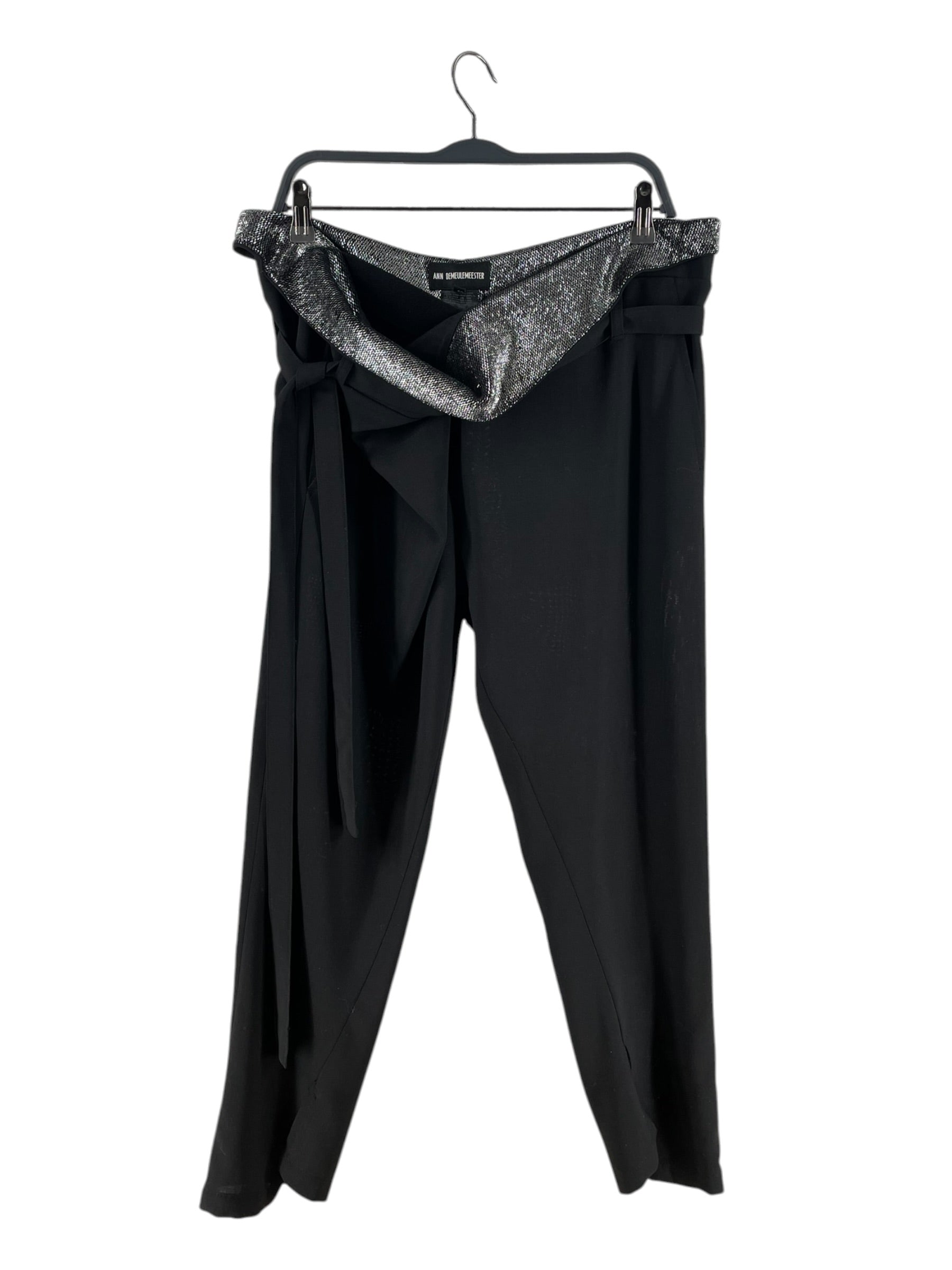 ANN DEMEULEMEESTER/Cropped Pants/40/Border/Wool/BLK/SLV CROW FLAP WAISTTIE TROUSER view 1