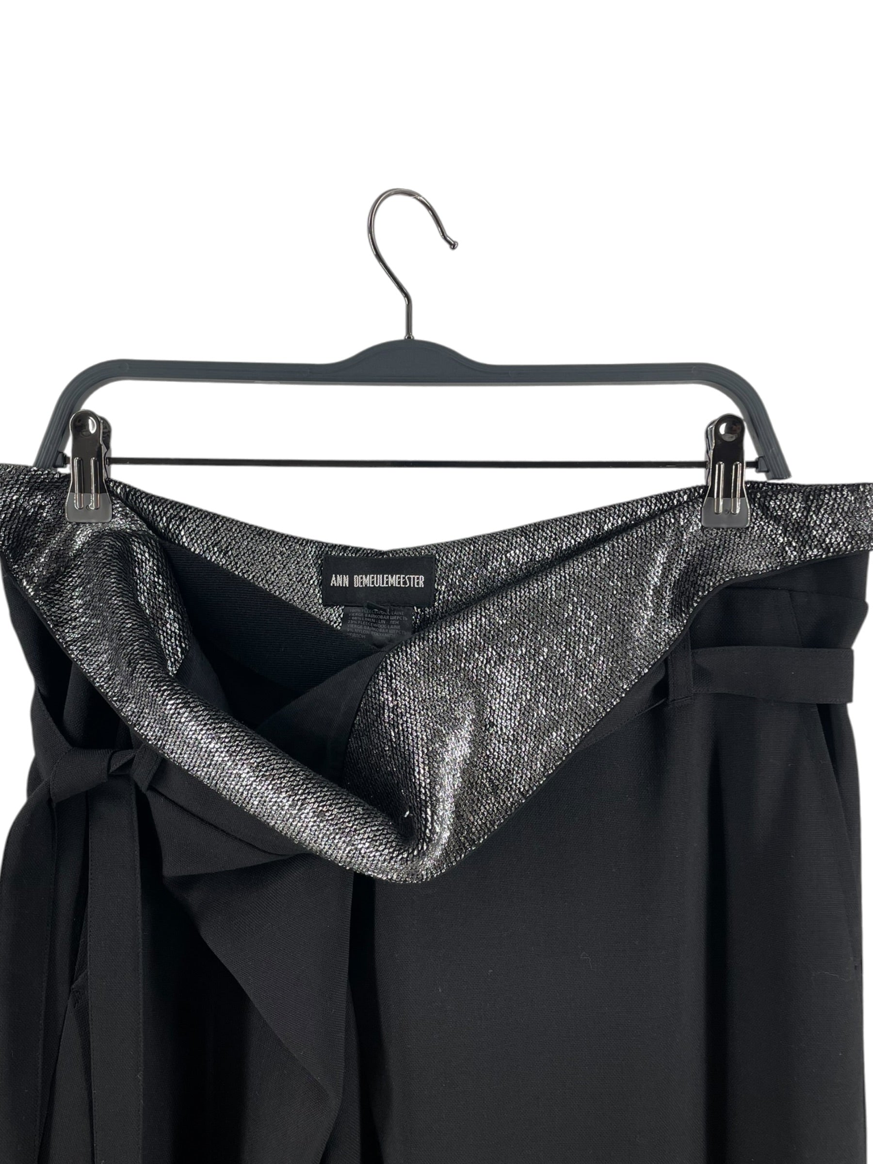 ANN DEMEULEMEESTER/Cropped Pants/40/Border/Wool/BLK/SLV CROW FLAP WAISTTIE TROUSER view 3