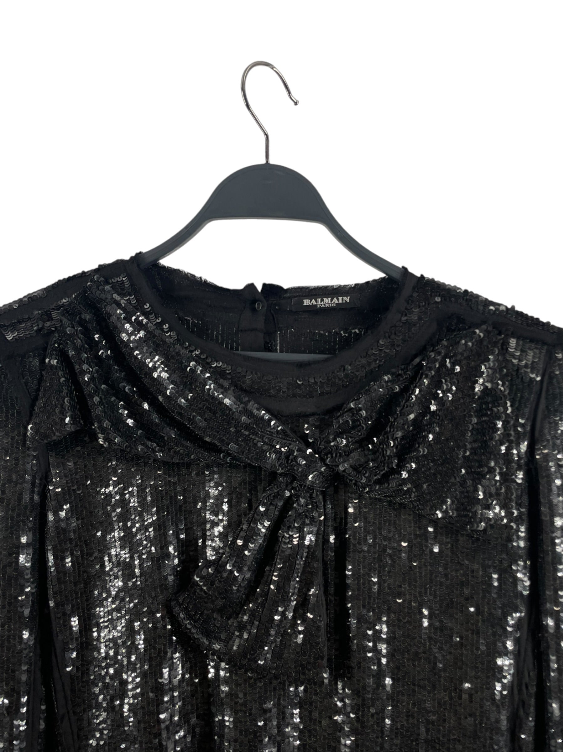 BALMAIN/LS Blouse/38/Silk/BLK/SEQUIN SHOUDLER PAD, NECK BOW view 3