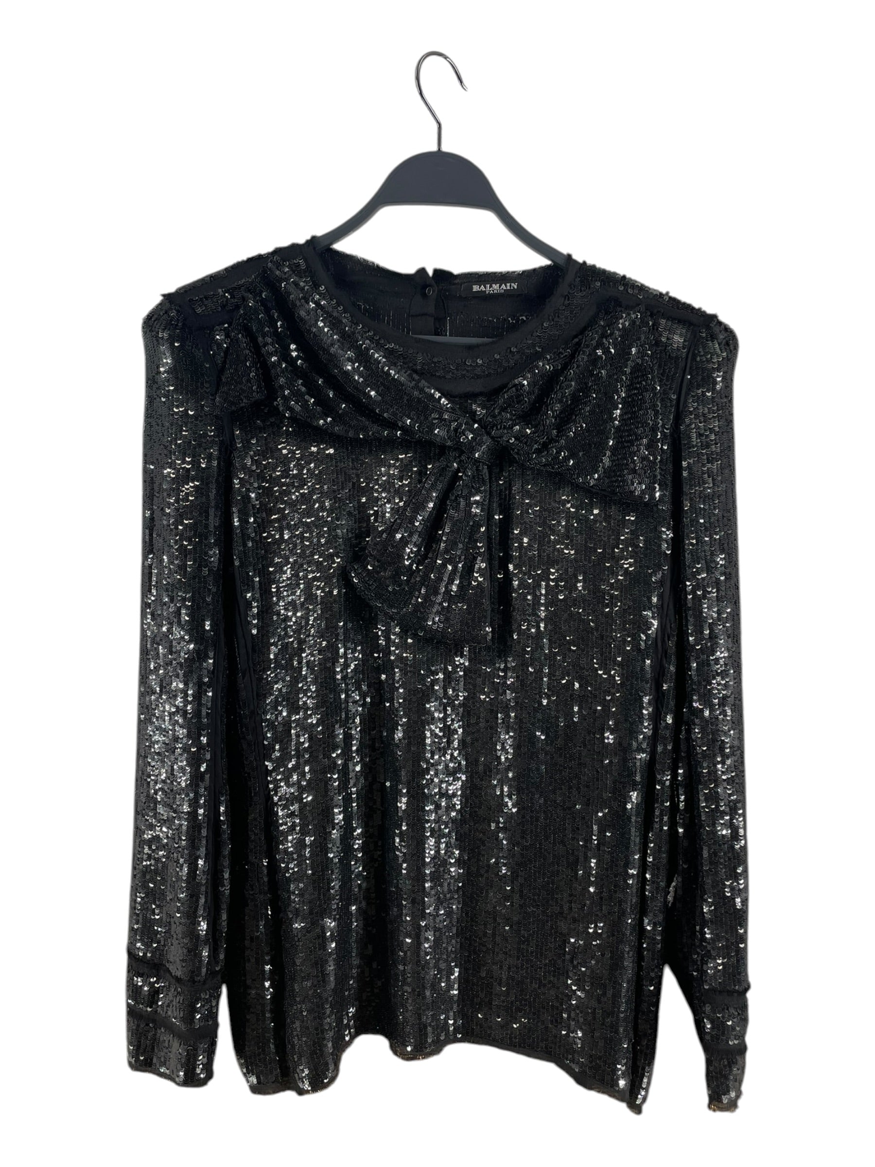 BALMAIN/LS Blouse/38/Silk/BLK/SEQUIN SHOUDLER PAD, NECK BOW view 1