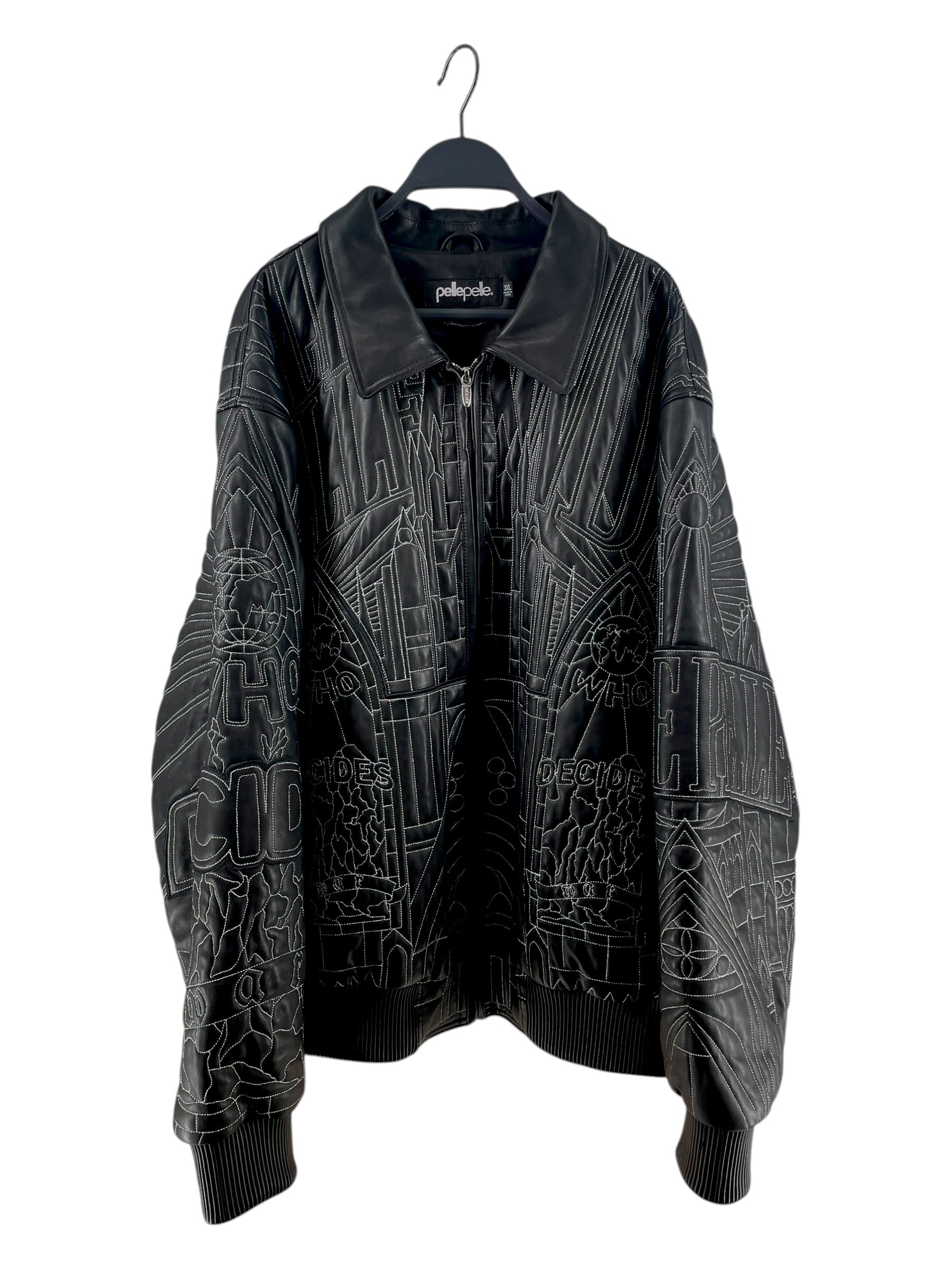 WHO DECIDES WAR/Pelle Pelle/Leather Jkt/XXXL/Goat Leather/BLK/All Over Print/BLK/WHITE STITCH BOMBER view 1