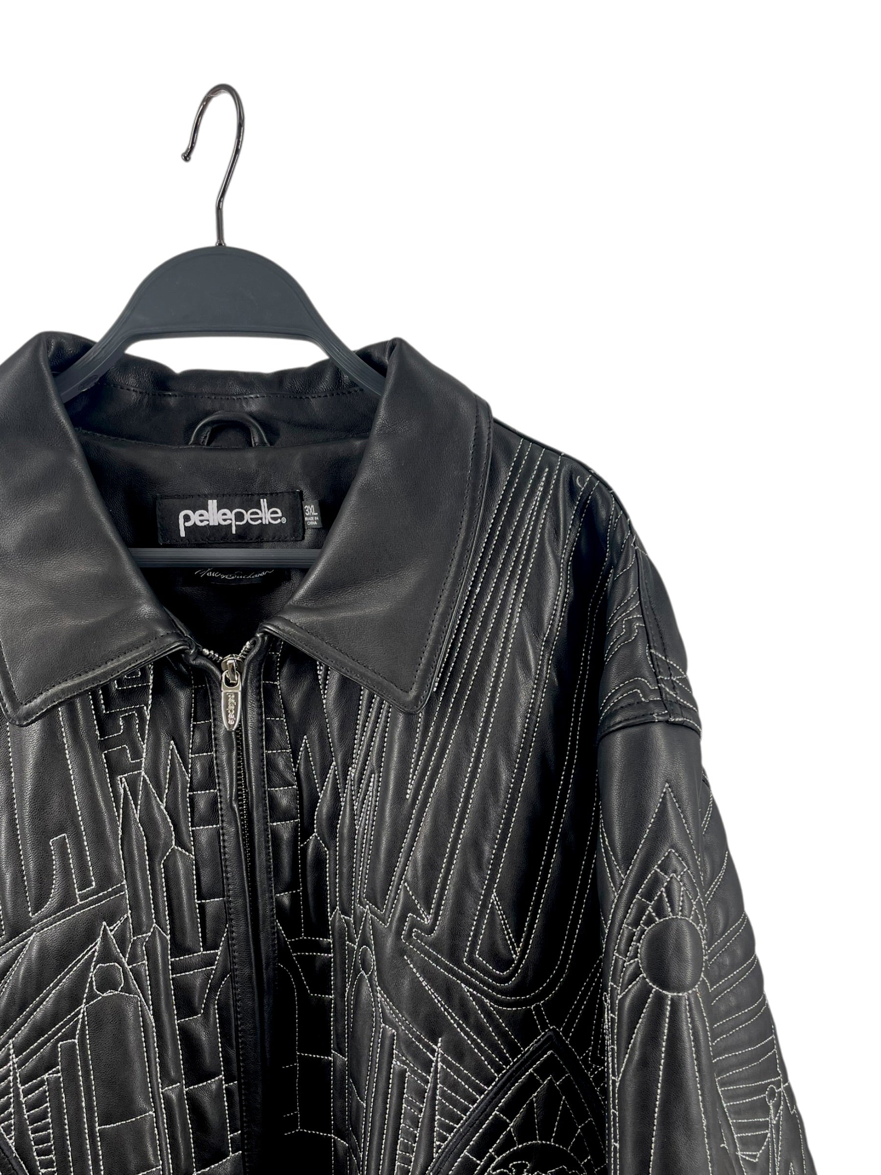 WHO DECIDES WAR/Pelle Pelle/Leather Jkt/XXXL/Goat Leather/BLK/All Over Print/BLK/WHITE STITCH BOMBER view 3