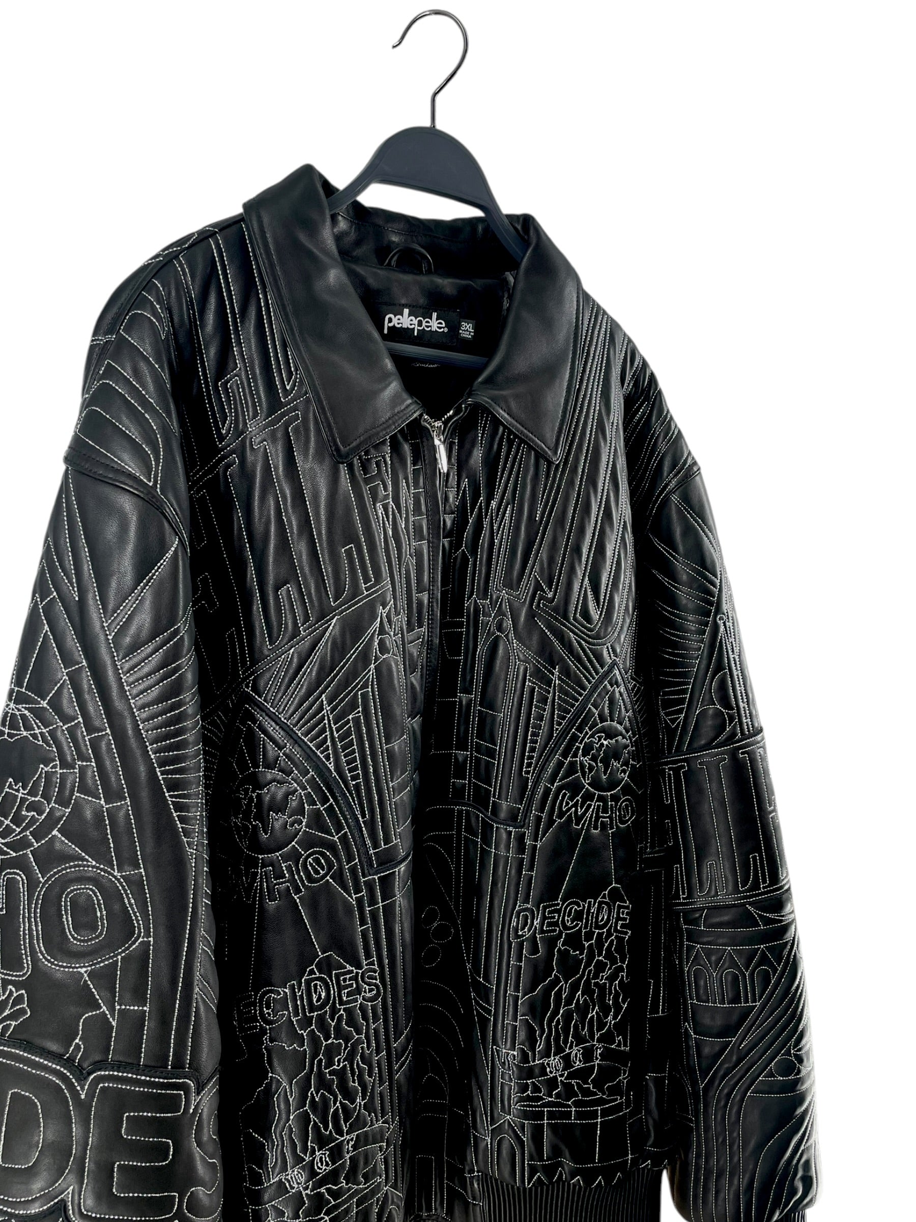 WHO DECIDES WAR/Pelle Pelle/Leather Jkt/XXXL/Goat Leather/BLK/All Over Print/BLK/WHITE STITCH BOMBER view 5