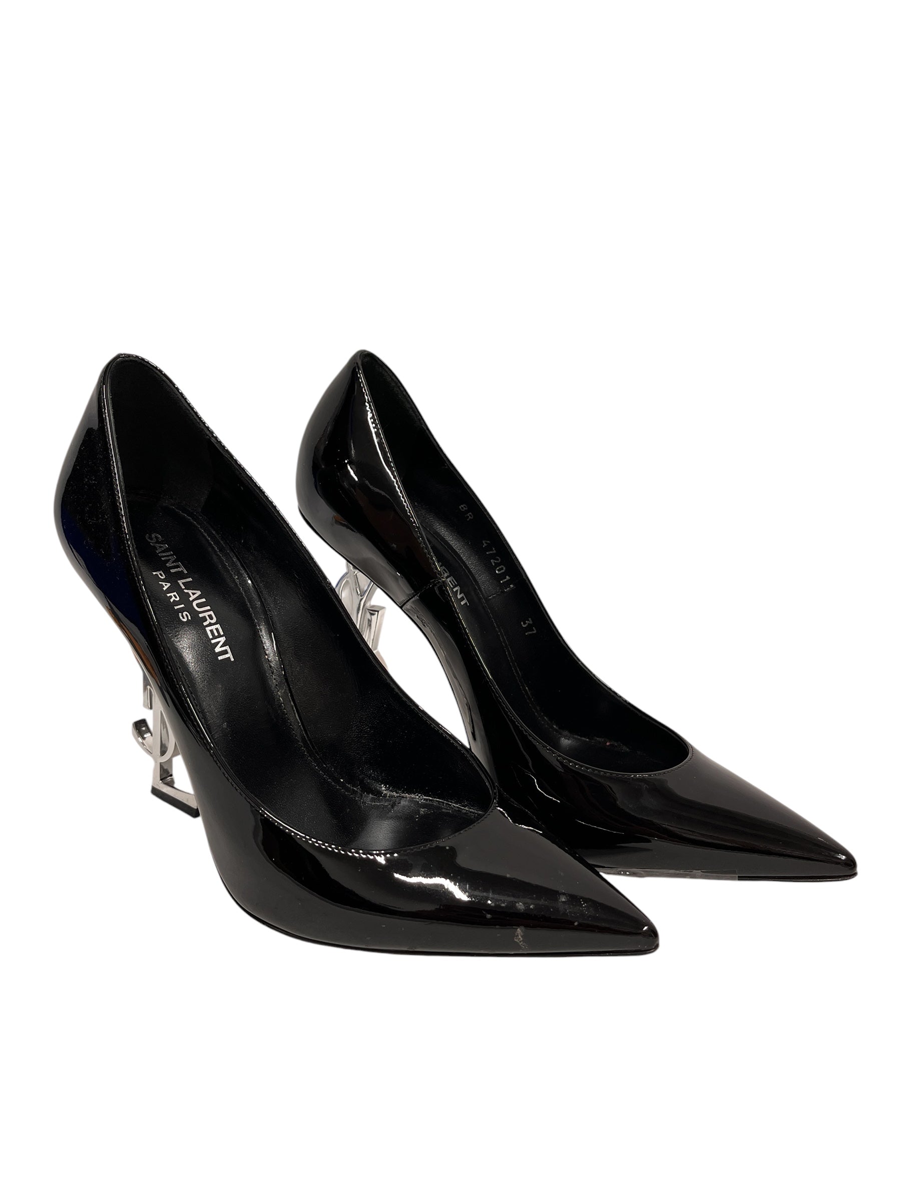 SAINT LAURENT/Heels/EU 37/Leather/BLK/Pointed-Toe/Patent Leather Metal YSL Heel view 1