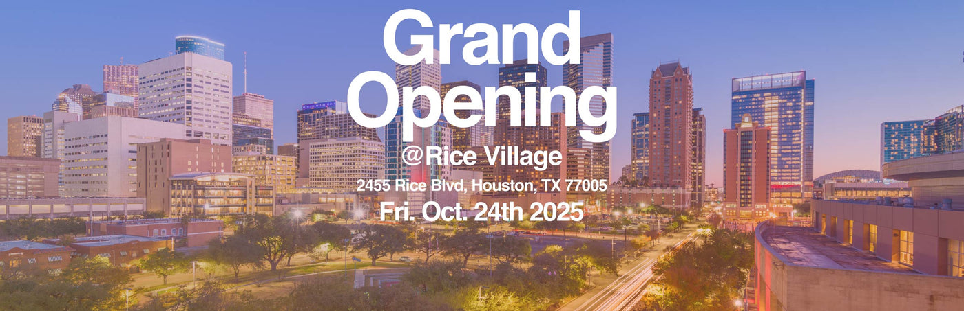 Cityscape with text for Grand Opening at Rice Village, Houston. Opening Friday October 24th