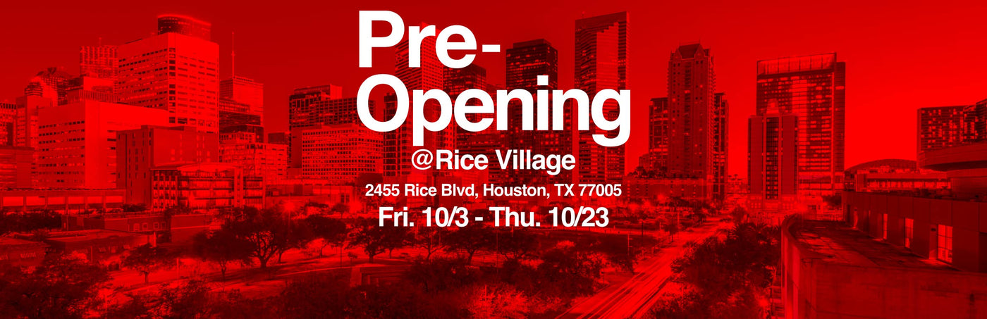 Red-themed pre-opening announcement for Rice Village with a city skyline in the background.