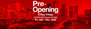 Red-themed pre-opening announcement for Rice Village with a city skyline in the background.