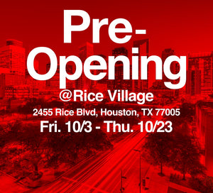  Pre-opening announcement at Rice Village location with cityscape background.