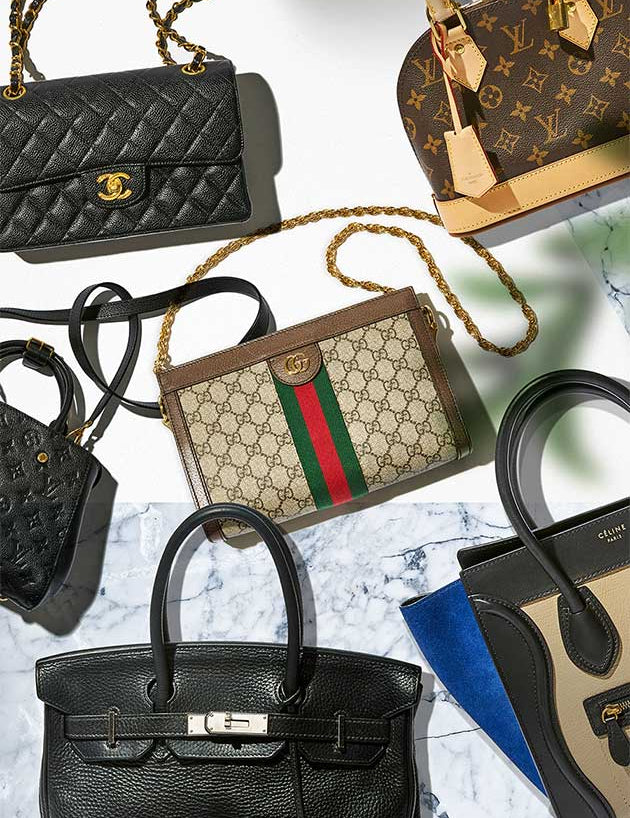 collage of luxury hand bags