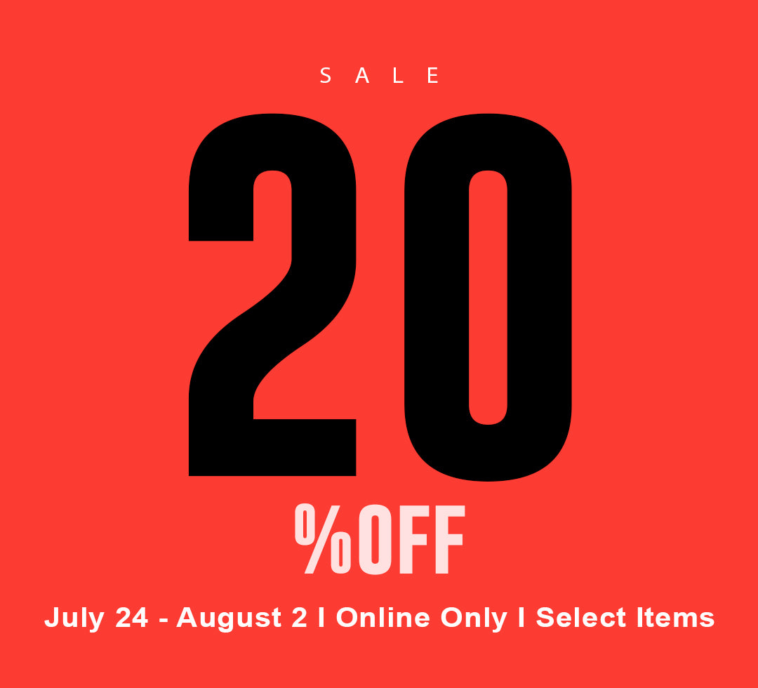 A promotional sale graphic with a bright coral-red background, large black '20' in the center, white 'SALE' at the top, and white text at the bottom reading '%OFF', 'July 24 - August 2 | Online Only | Select Items'.