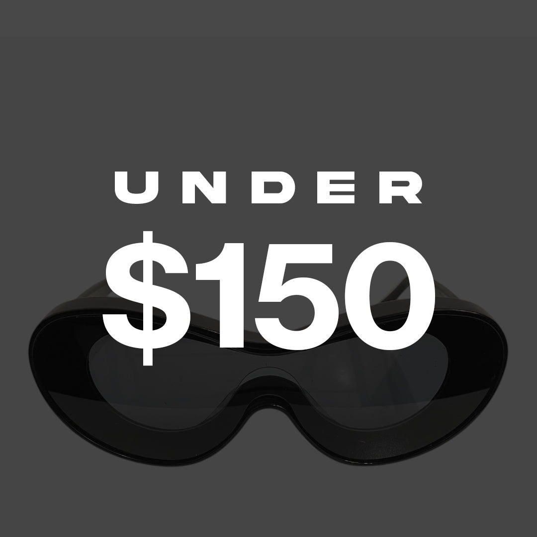 Black sunglasses with 'Under $150' text on a gray background