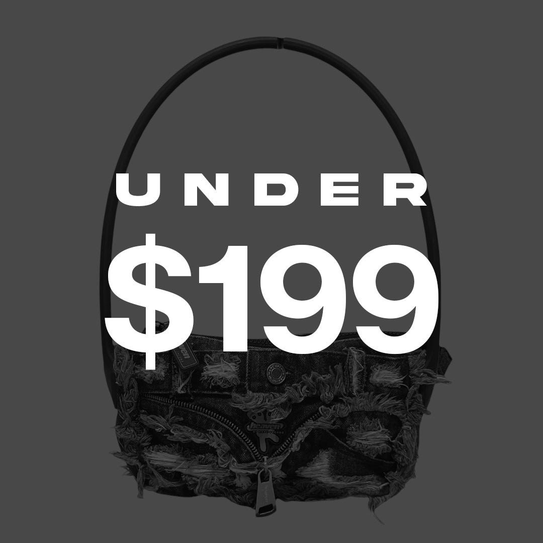 Black bag with 'UNDER $199' text on a gray background
