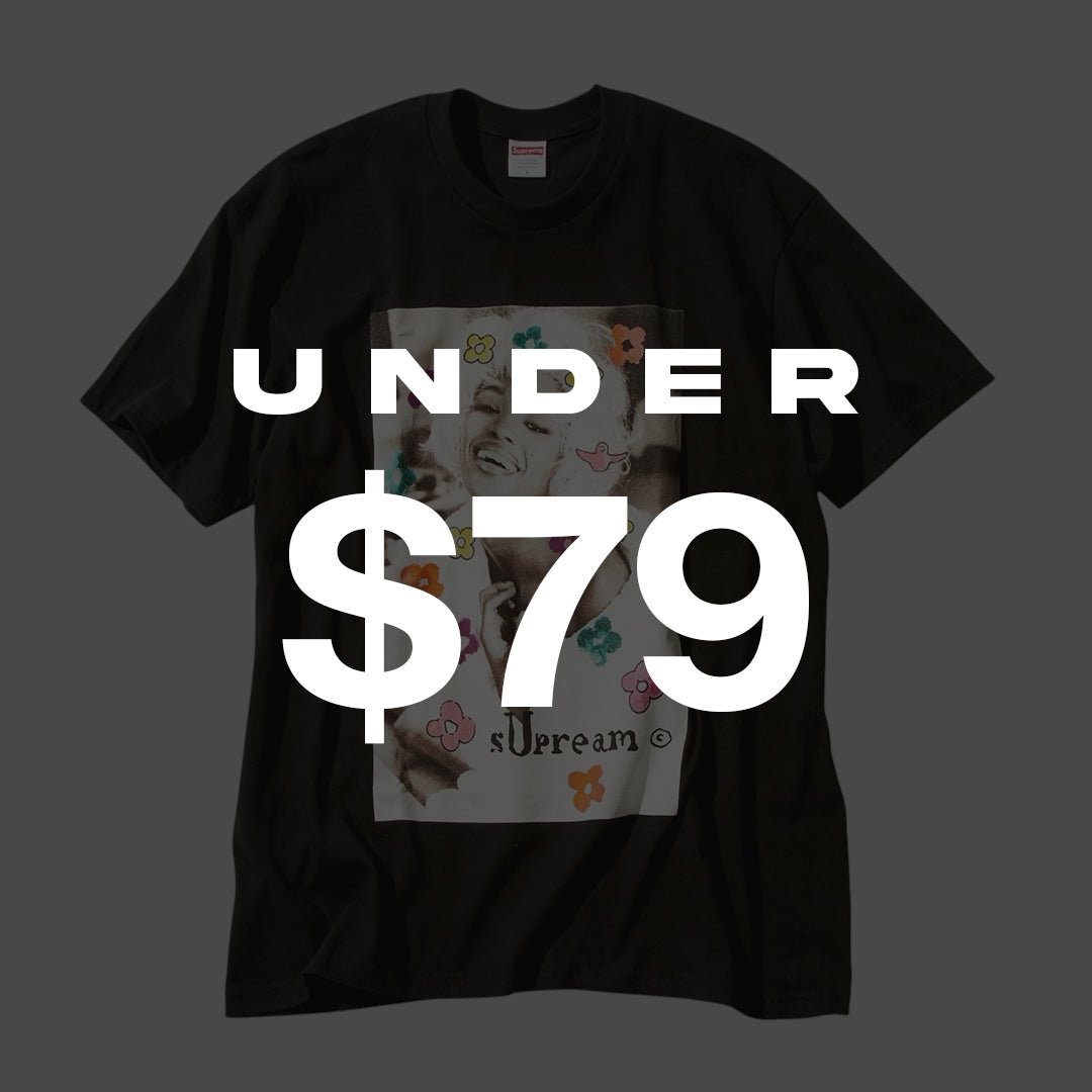 Black t-shirt with a graphic design and text 'UNDER $79' on a dark background