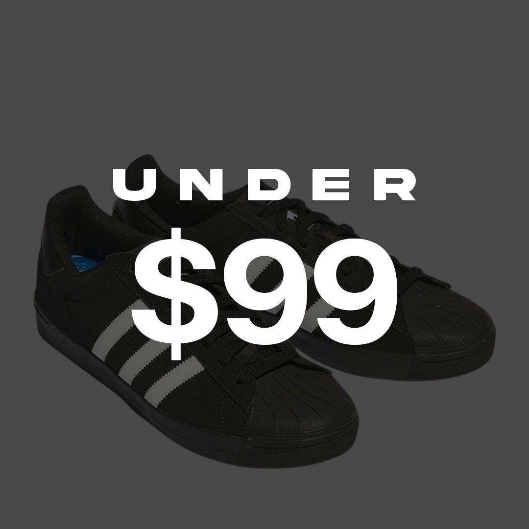 Black sneakers with 'Under $99' text on a dark gray background