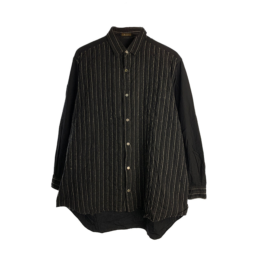A black long-sleeve button-up shirt with vertical pinstripes, displayed flat against a solid white background.